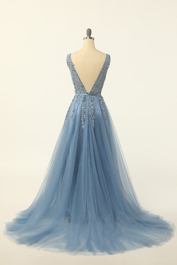 Dusty Blue Tulle Appliqued Ball Dress